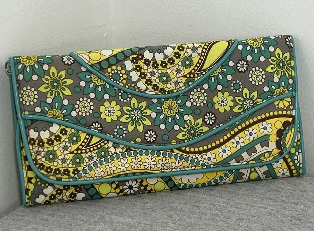Vera Bradley Travel Wallet Clutch Organizer Teal Yellow Floral Paisley Case